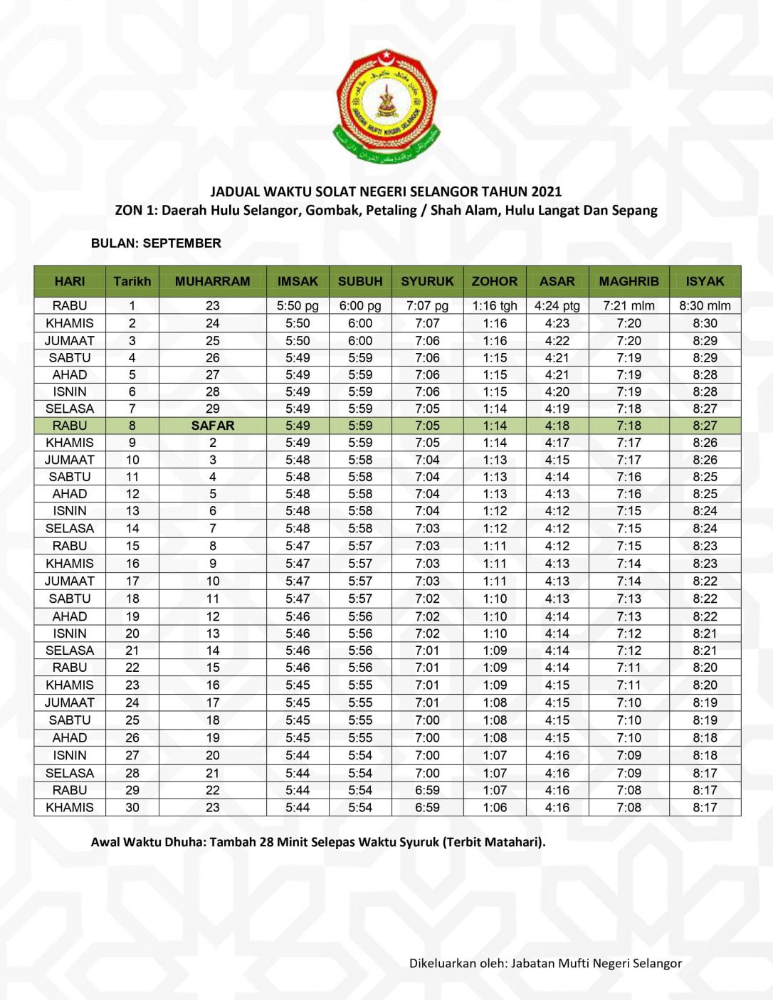 Jadual Waktu Solat Selangor 2021 / 1442-1443H Muat Turun PDF