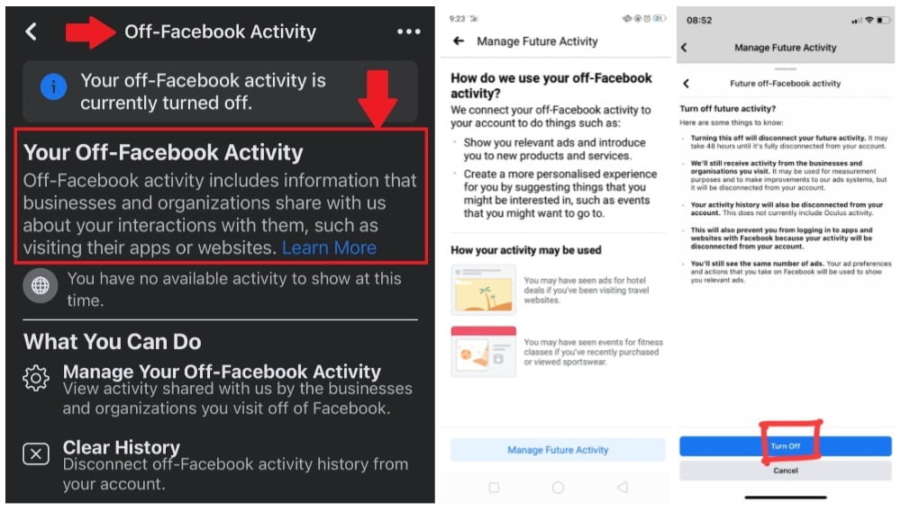cara off facebook activity setting