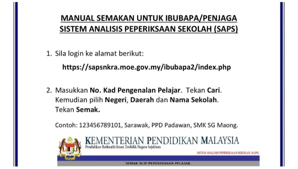 Saps Ibu Bapa 2021 Semakan Keputusan Peperiksaan Sekolah Online