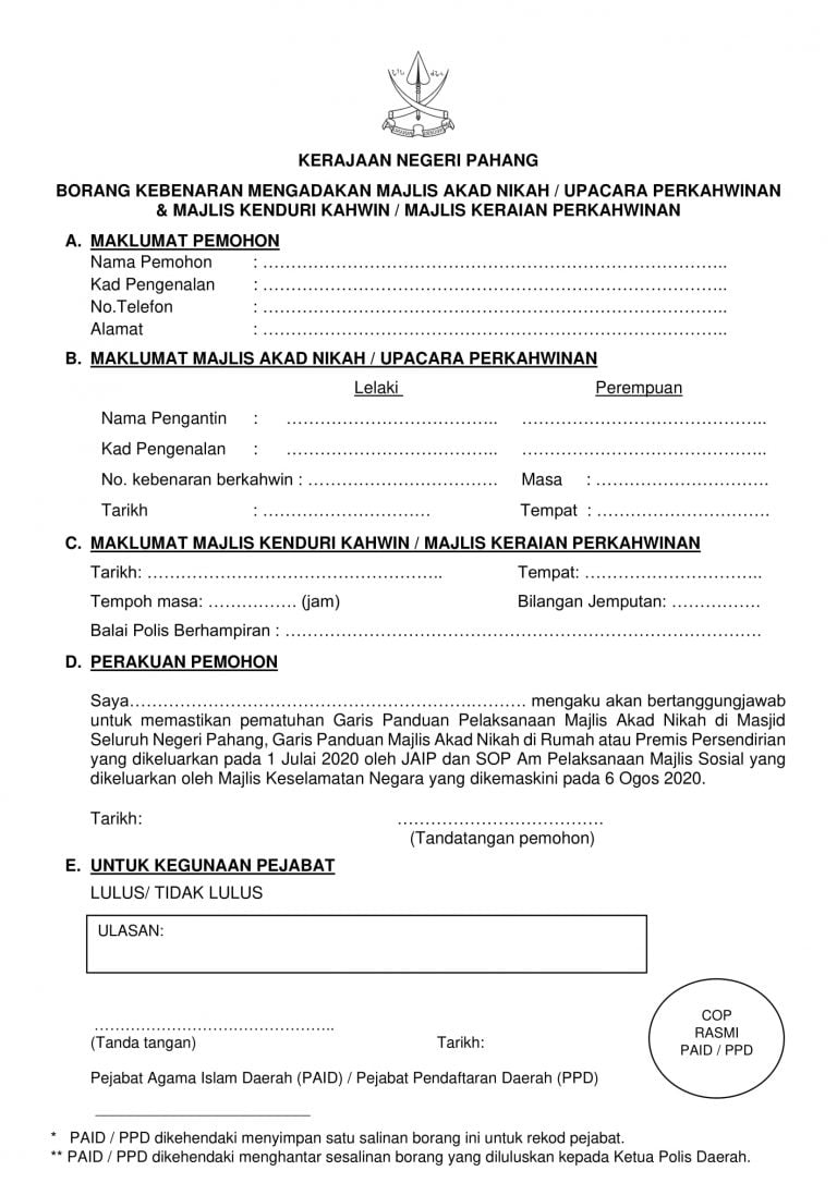 Contoh Surat Kebenaran Majlis Perkahwinan / Kenduri Ketika PKP