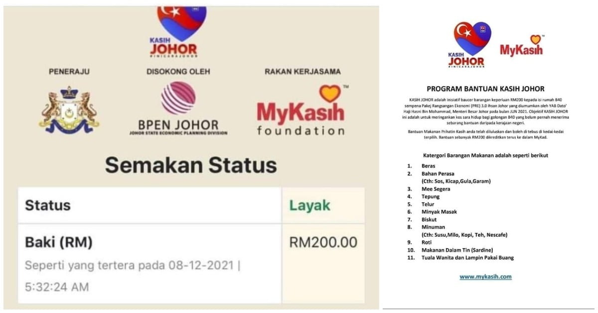 Program Bantuan Kasih Johor: Baucer Makanan & Keperluan RM200
