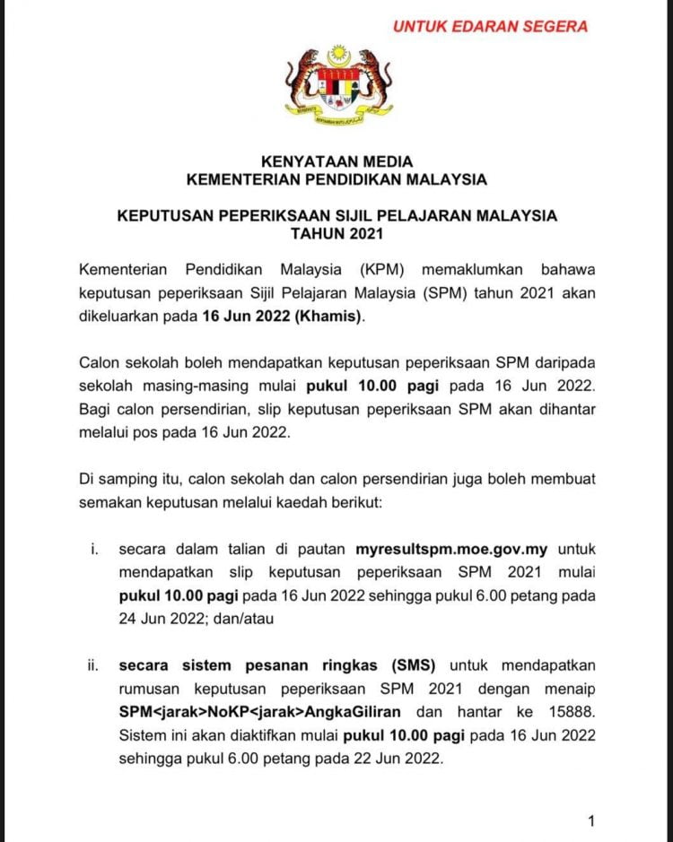 Semakan Keputusan SPM 2021 / Muat Turun Slip Mulai 16 Jun 2022